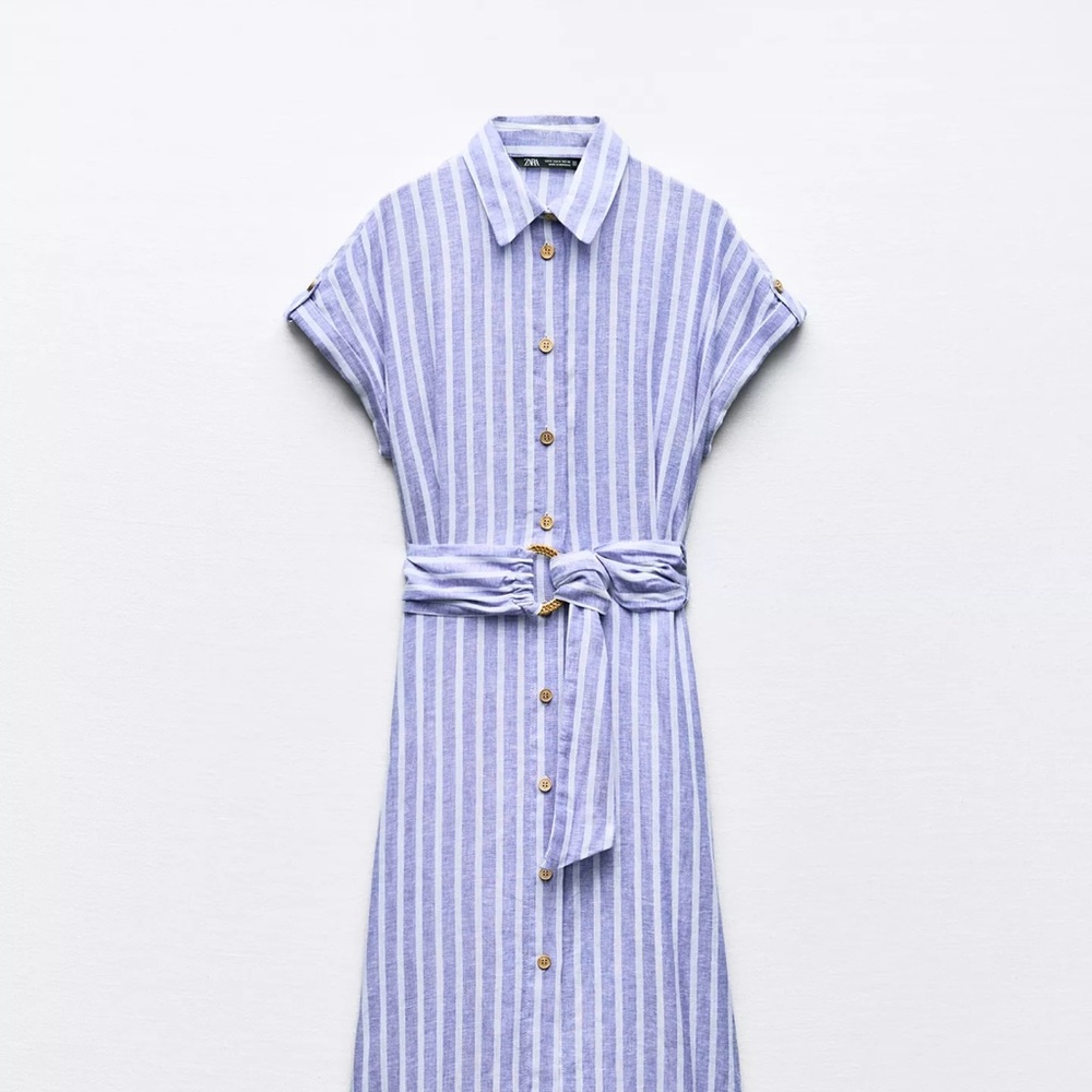 ZARA Med EUC Button-Front Striped Shirt Dress with Belt